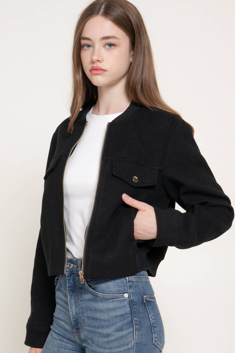 Long Sleeve Crew Neck Felt Jacket with Pocket Flap Detail