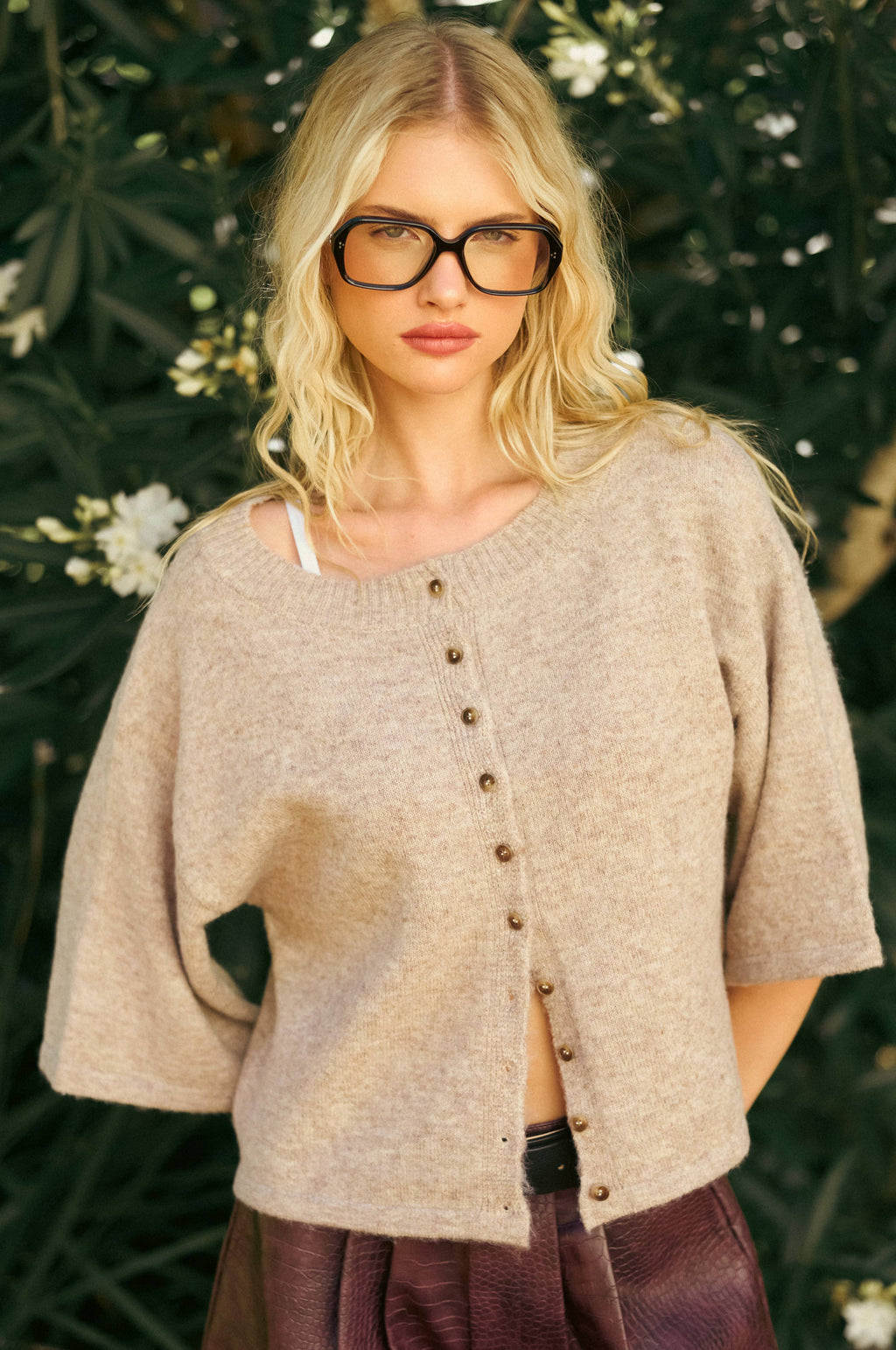 Wide Sleeve Button Front Knit Cardigan