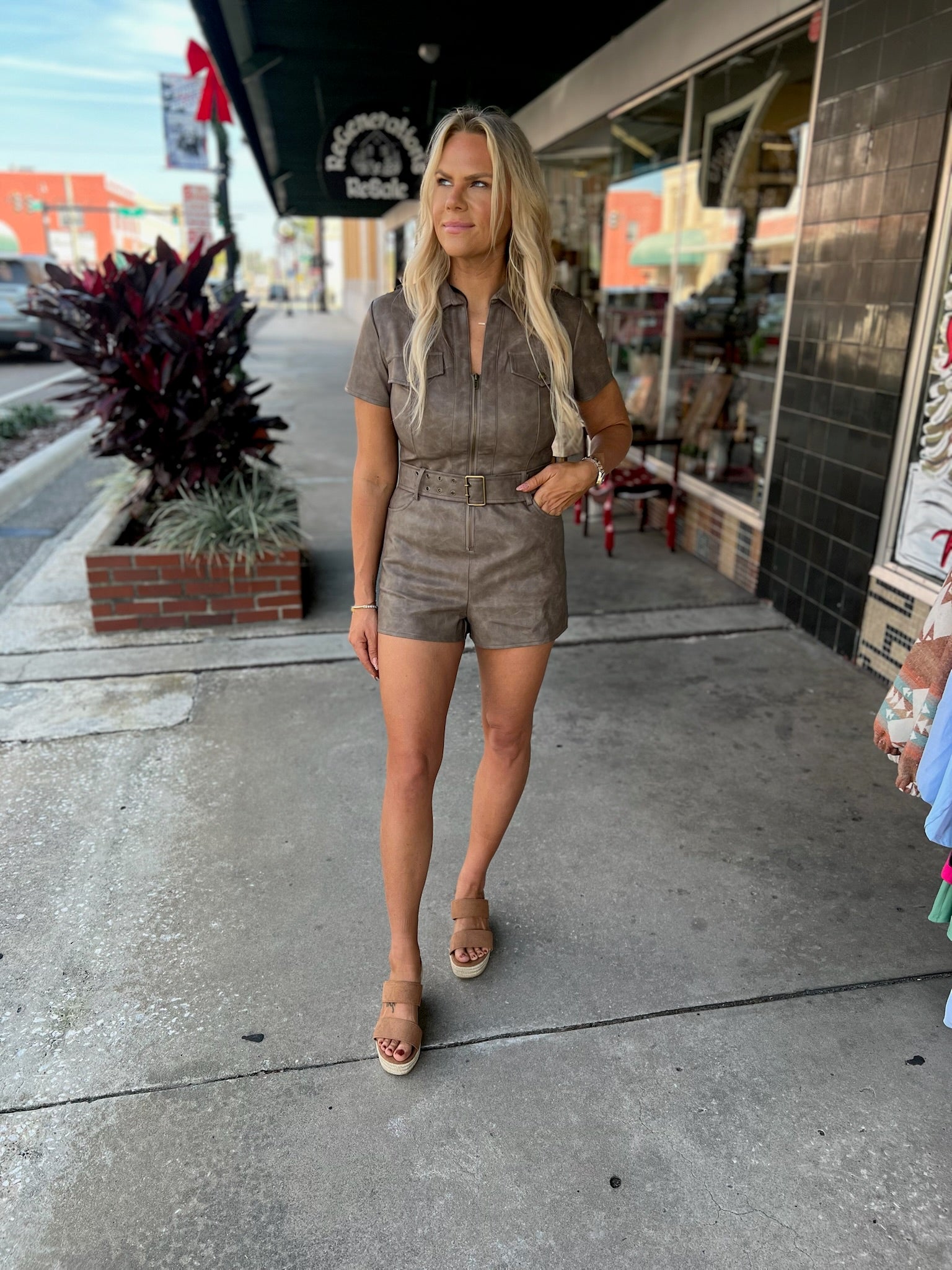 Short Sleeve Faux Leather Romper w/Belt
