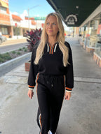 Striped Trim Zip Collared Pullover + Pants Set