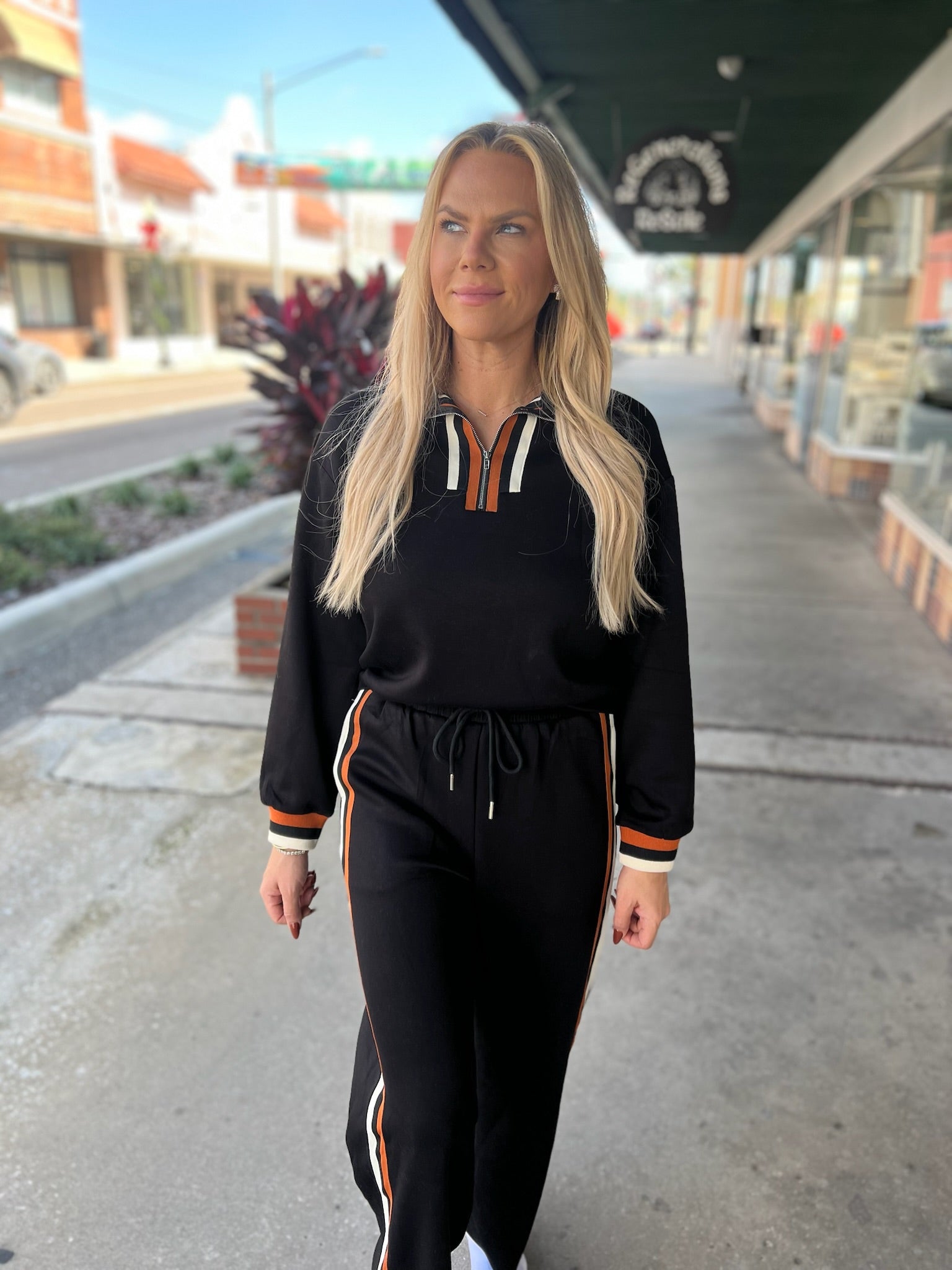 Striped Trim Zip Collared Pullover + Pants Set