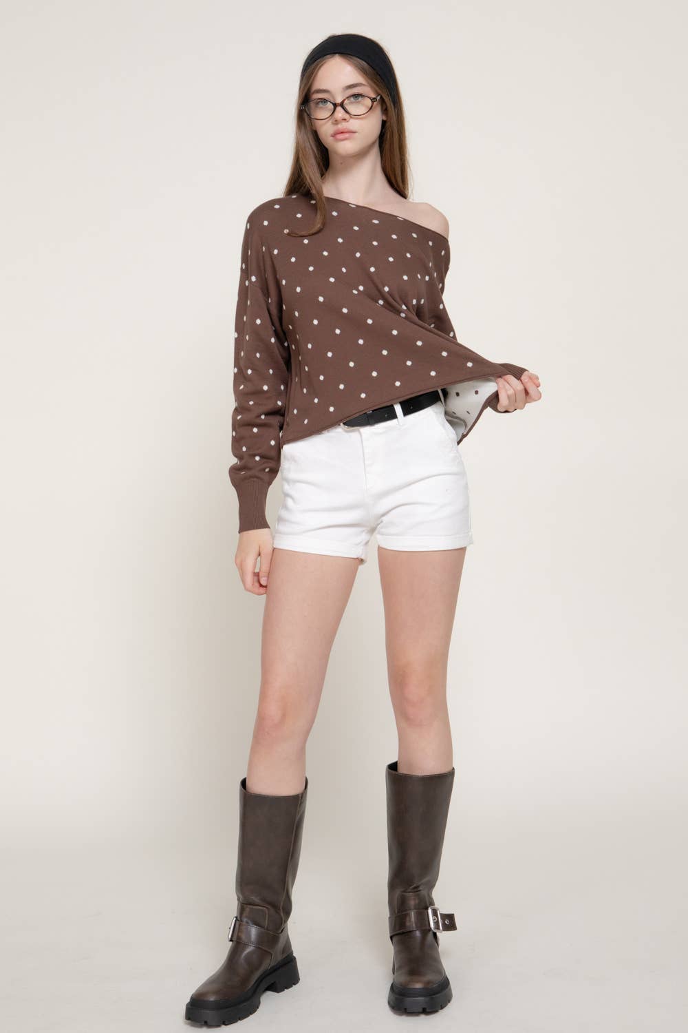 Long Sleeve Asymmetrical Off The Shoulder Dot Sweater Top