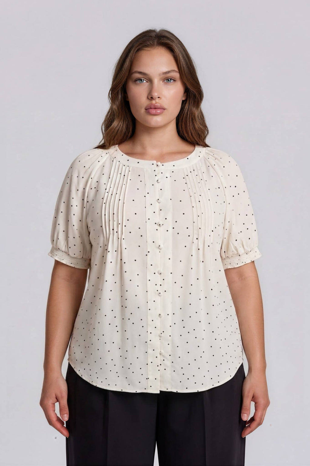 PLUS PINTUCK POLKA DOT BUTTON DOWN PUFF SLEEVE TOP