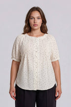 PLUS PINTUCK POLKA DOT BUTTON DOWN PUFF SLEEVE TOP