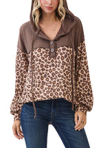 Leopard Button Front Drawstring Hooded Sweatshirt