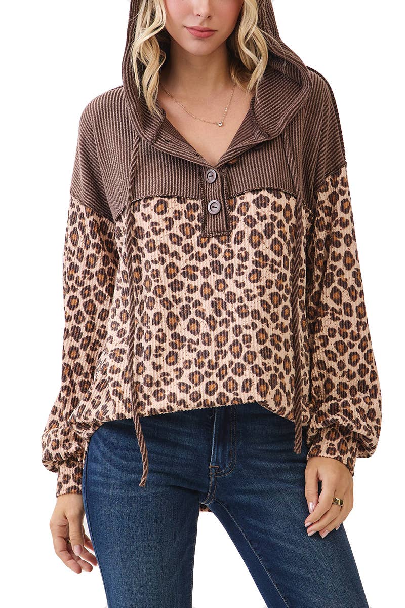 Leopard Button Front Drawstring Hooded Sweatshirt