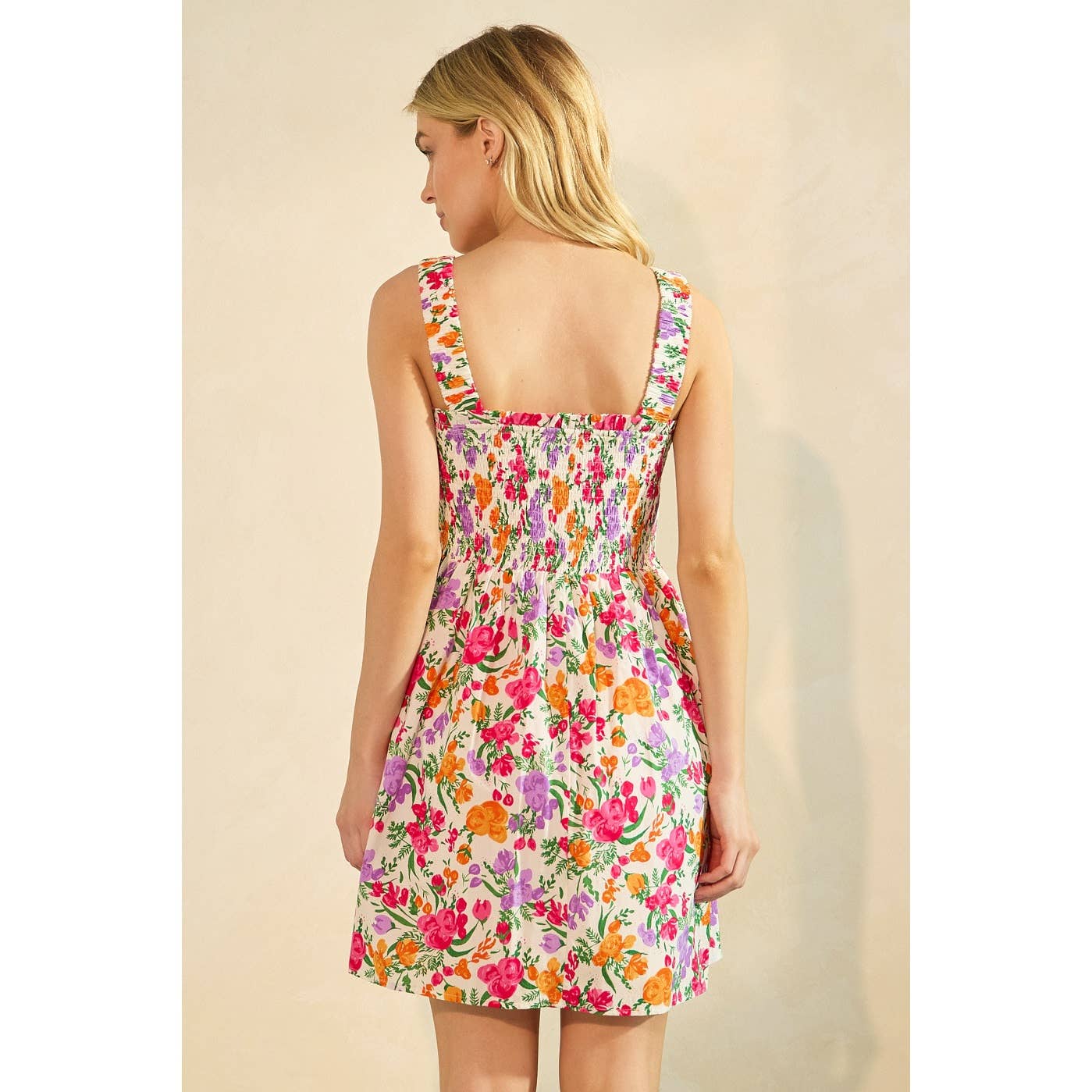 FLOWER PRINT SMOCKED SLEEVELESS MINI DRESS
