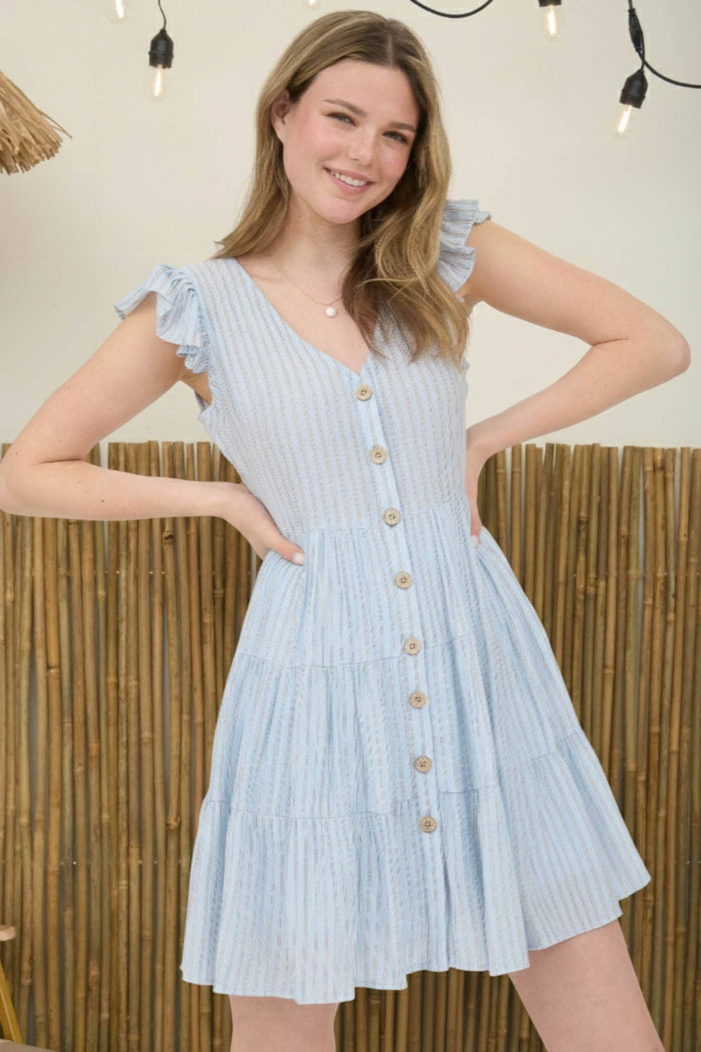 STRIPE V NECK BUTTON DOWN TIERED MINI DRESS