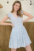 STRIPE V NECK BUTTON DOWN TIERED MINI DRESS