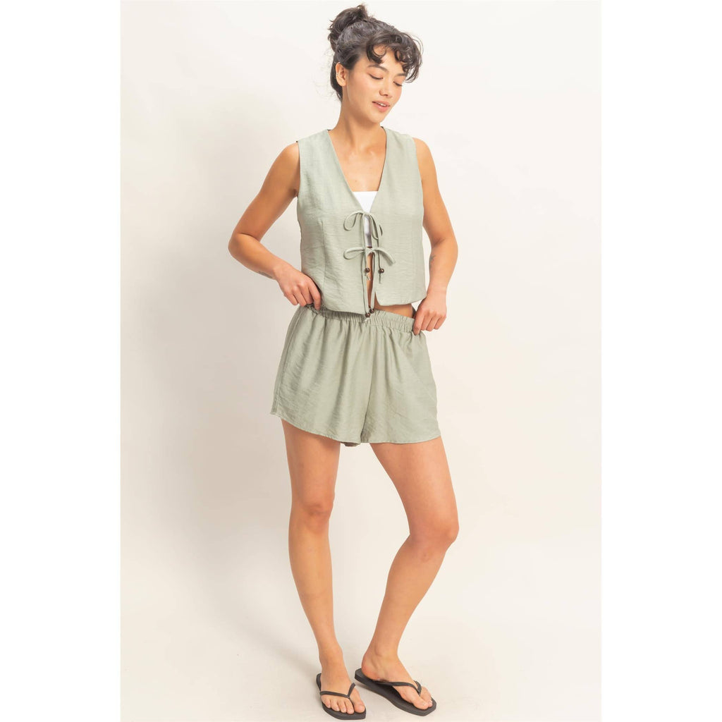 Sleeveless Tie-Front Vest And Elastic Waist Shorts Set