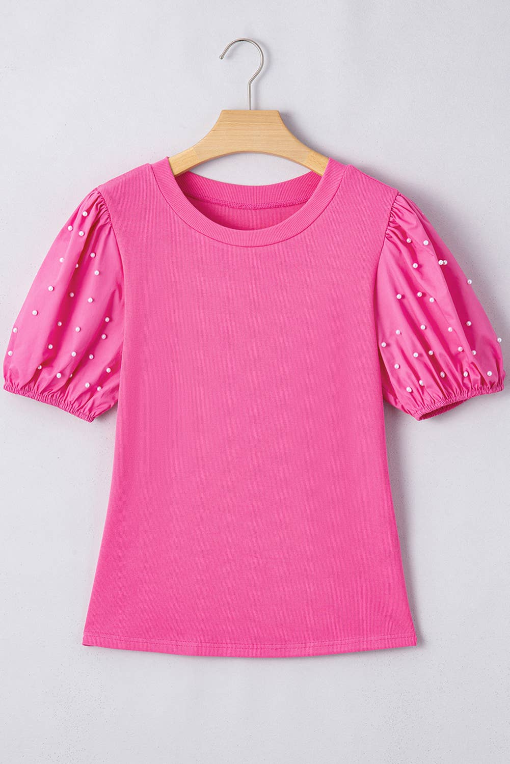Ribbed Pearl Beaded Bubble Sleeve Top | S-XL