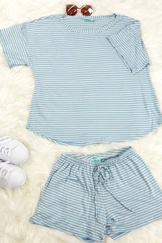 Rayon spandex stripe loose fit short and top set (P16433)