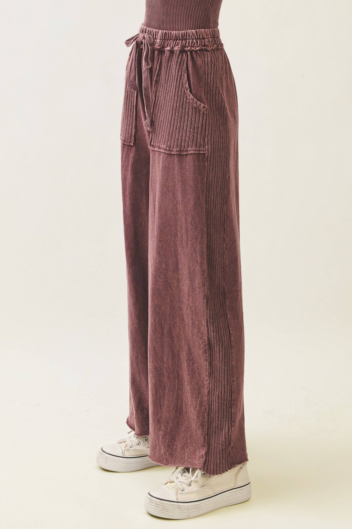 Mineral Wash Side Knit detail wide leg pants HE5878P