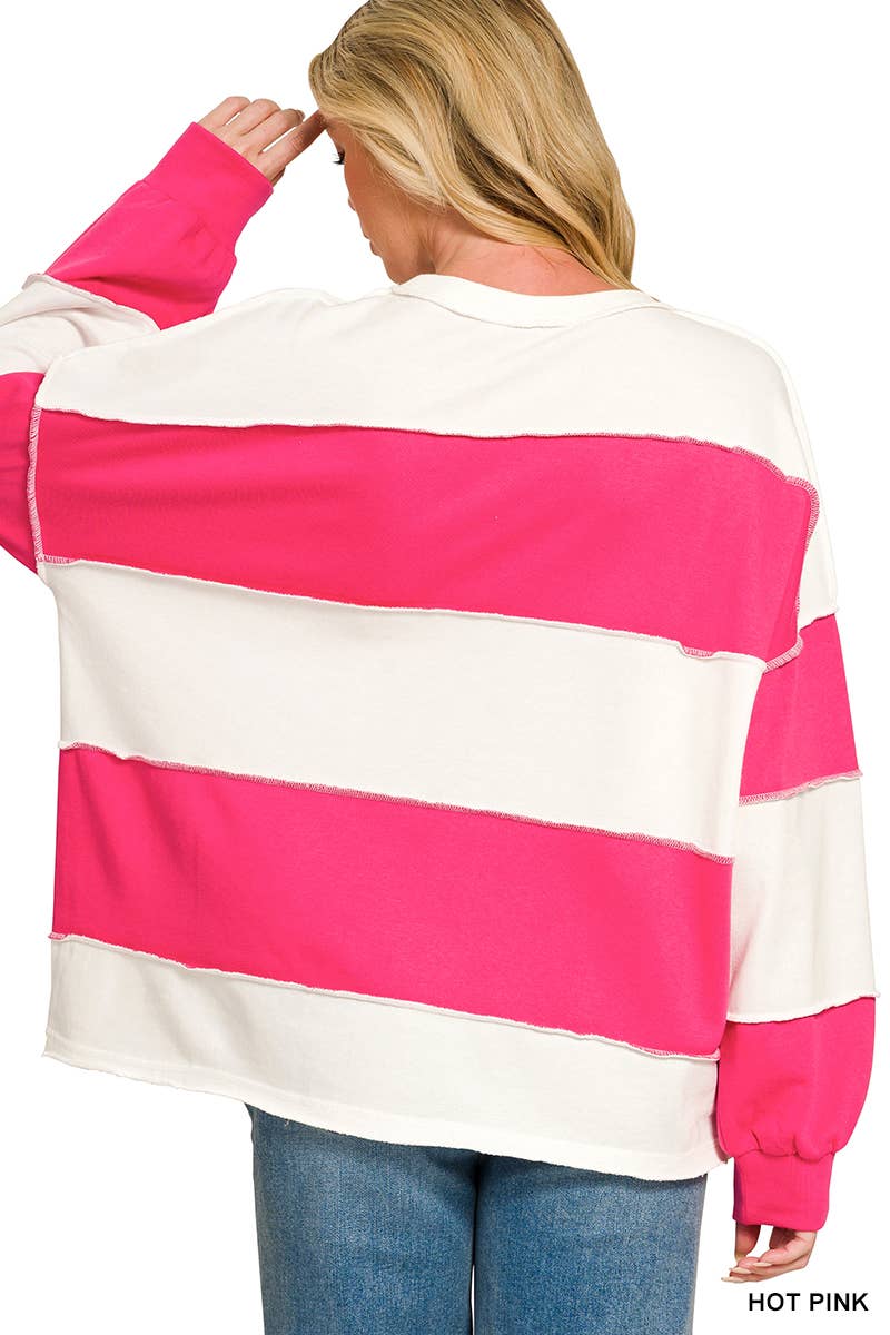 French Terry Color Block Exposed Seam Oversized Top