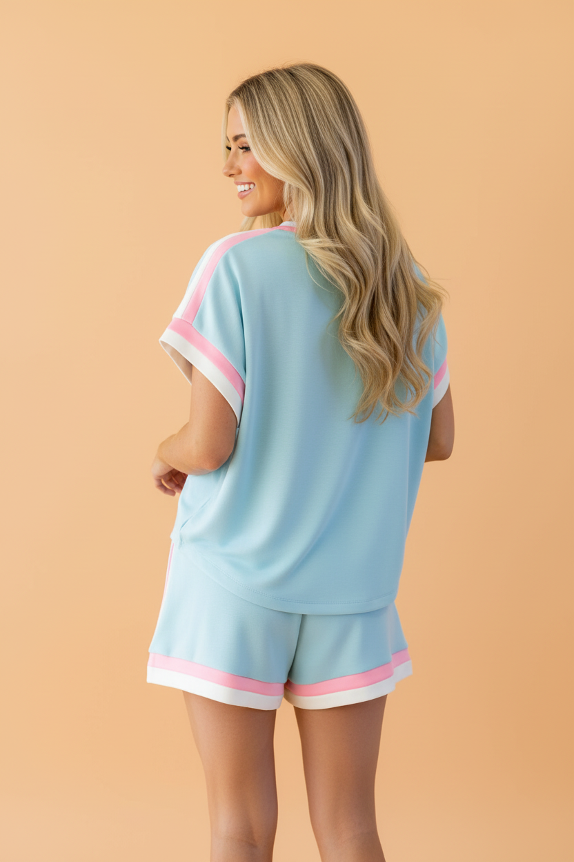 PRETTY BASH Colorblock Stripe Tee & Shorts Set