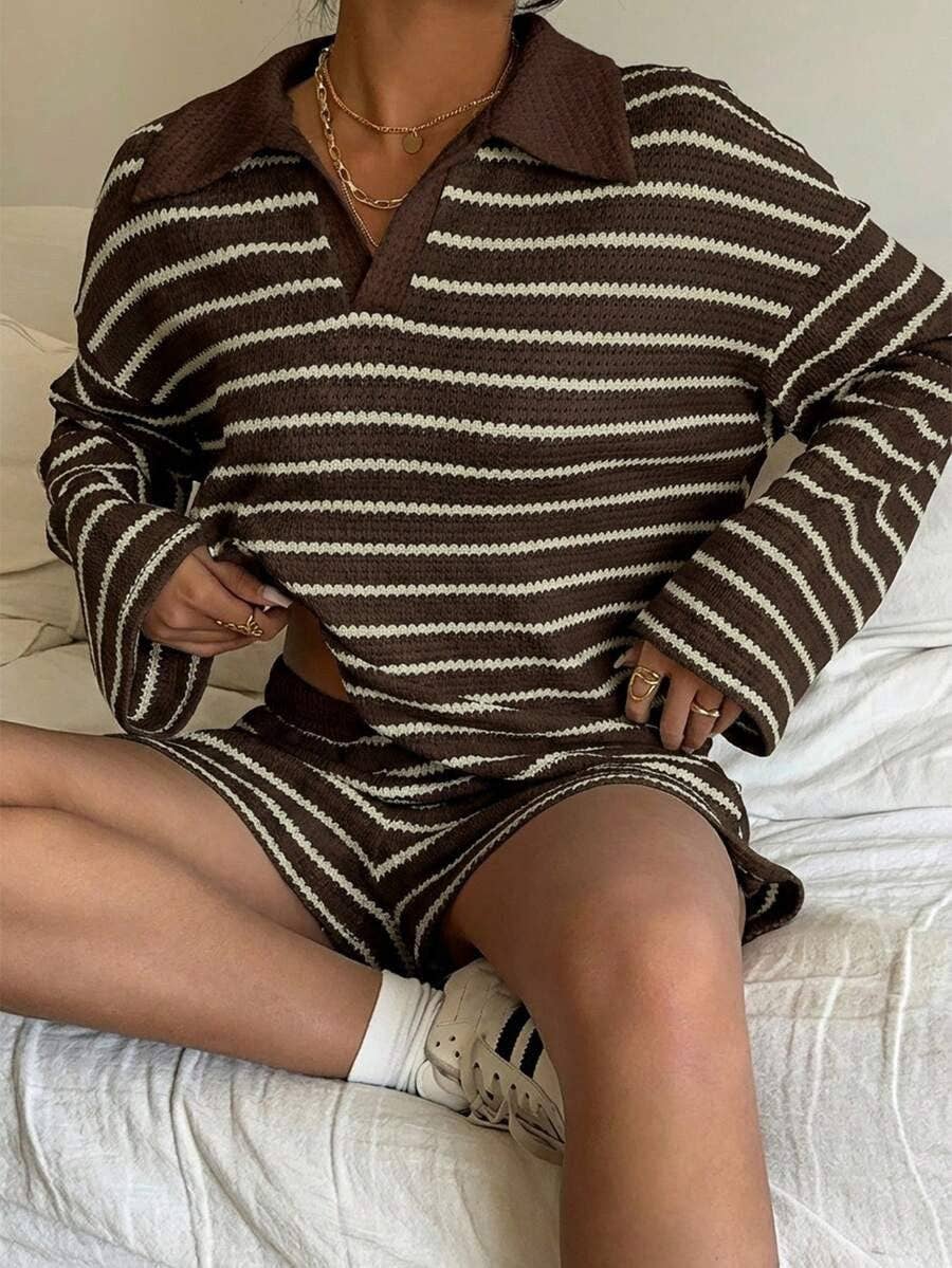 Striped Polo Lounge Set Resort Textured Collared Oversized