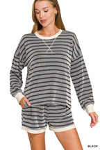 Raised Rib Striped Pullover And Shorts Set