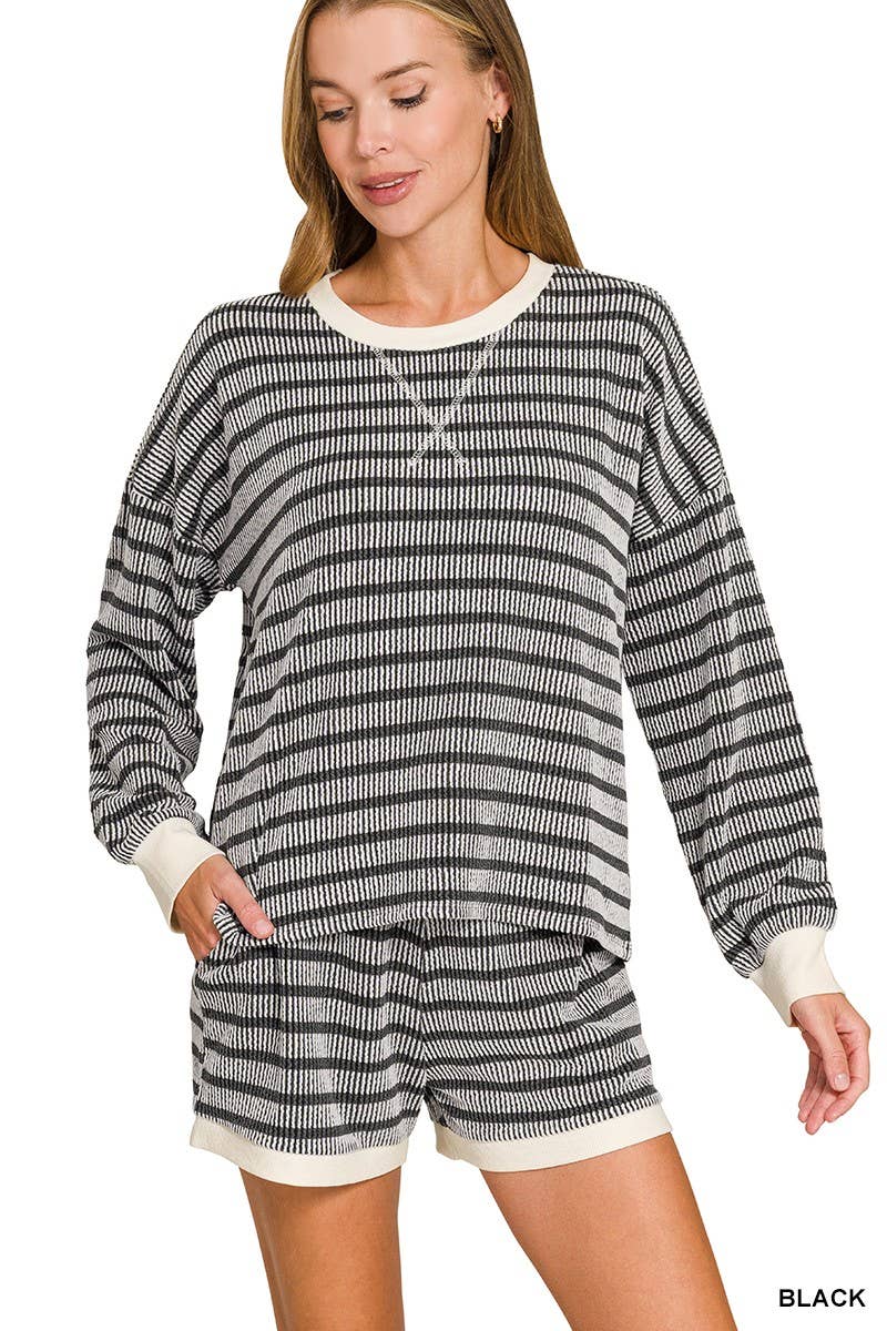 Raised Rib Striped Pullover And Shorts Set