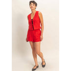 Sleeveless Tie-Front Vest And Elastic Waist Shorts Set