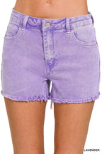 Washed Fray Hem Cotton Denim Shorts - Zenana