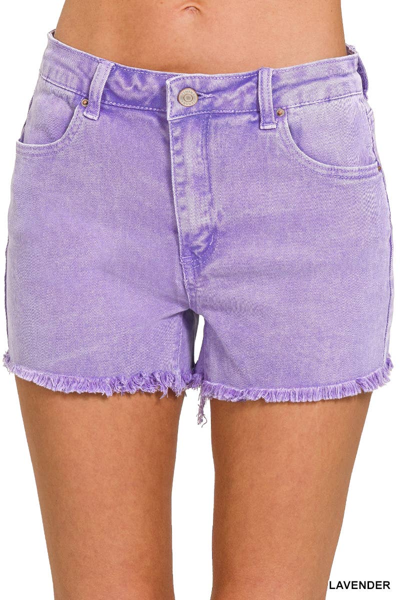 Washed Fray Hem Cotton Denim Shorts - Zenana