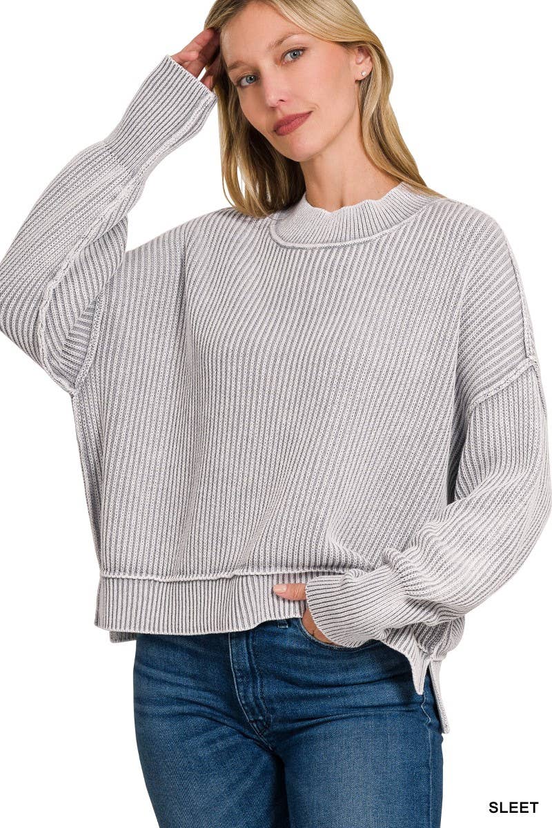 Washed Side Slit Oversized Cropped Sweater