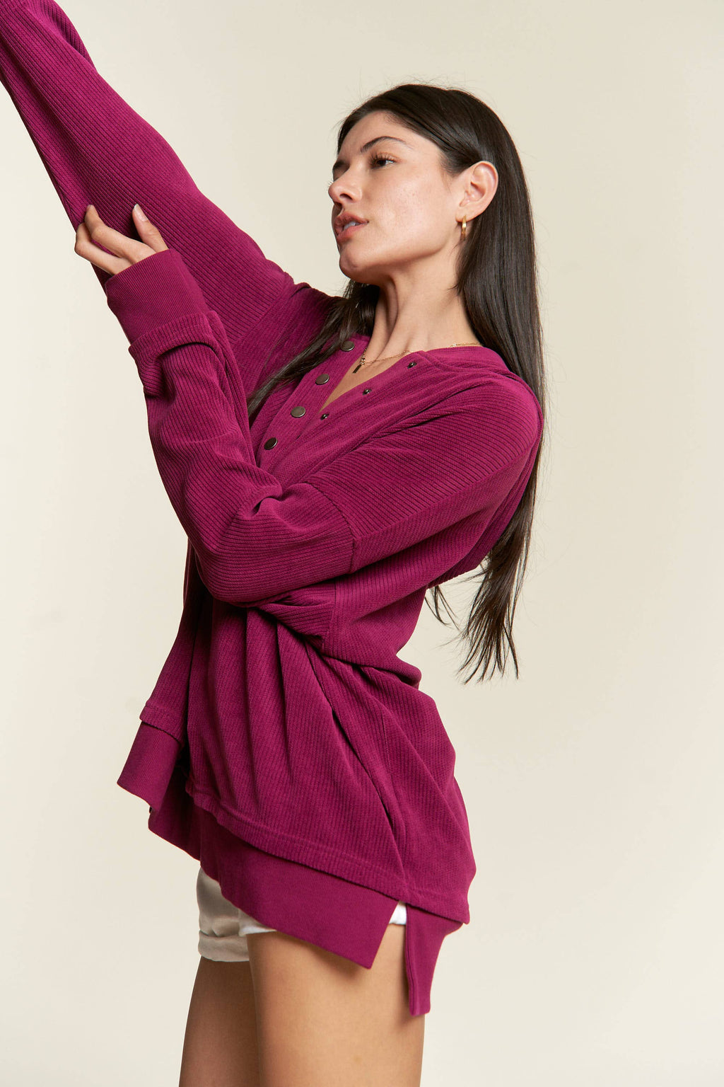 Long Sleeve Button Down Ribbed Hooded Sweatshirt JJT5070