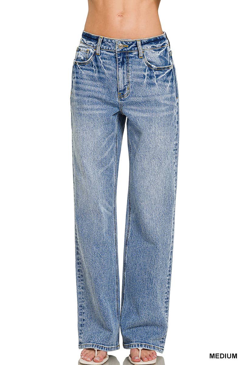 Medium Washed Straight Stretch Denim Pants Zenana