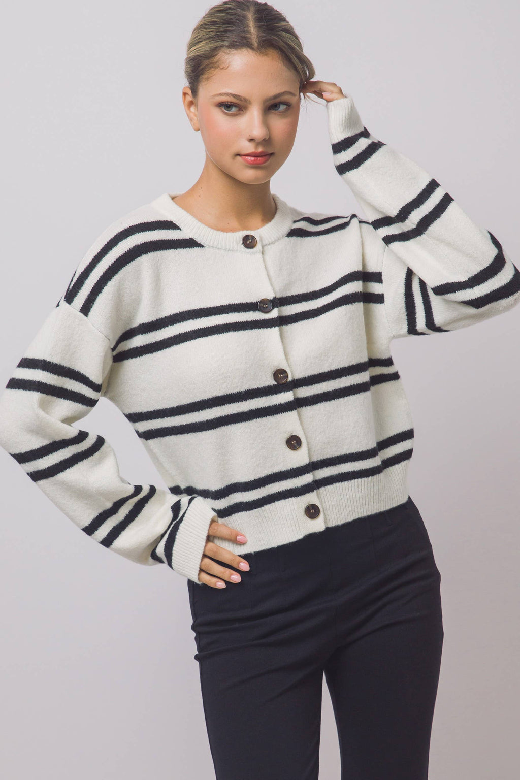 Striped Knit Crewneck Cardigan