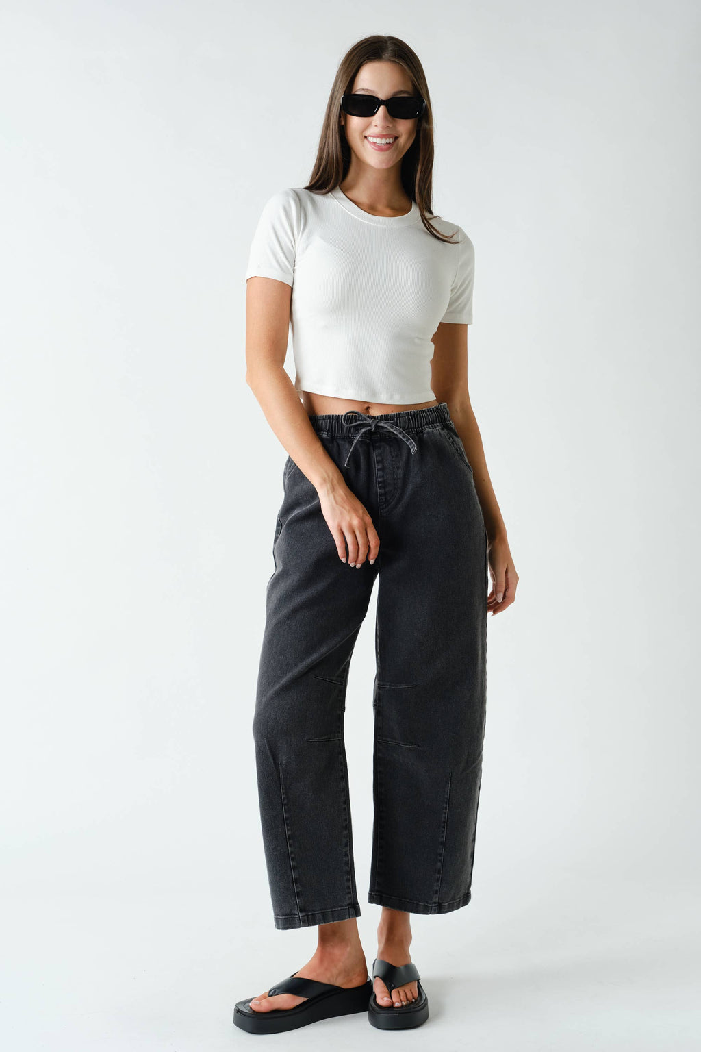 Denim Acid-Wash Drawstring Pull-On Pants