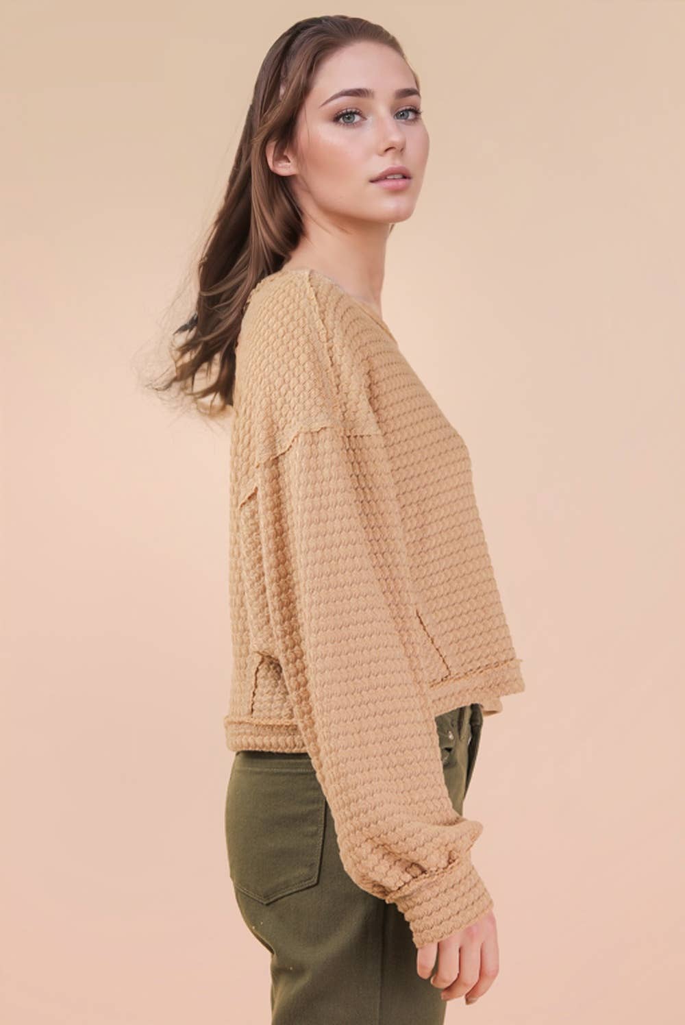 NT11982-Oversized Waffle Solid Knit Causal Top