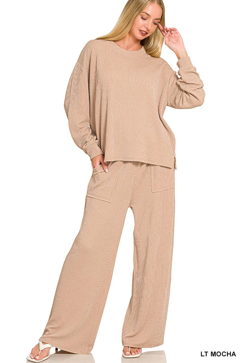 Raised Rib Round Neck Pullover & Pants 2PC Set