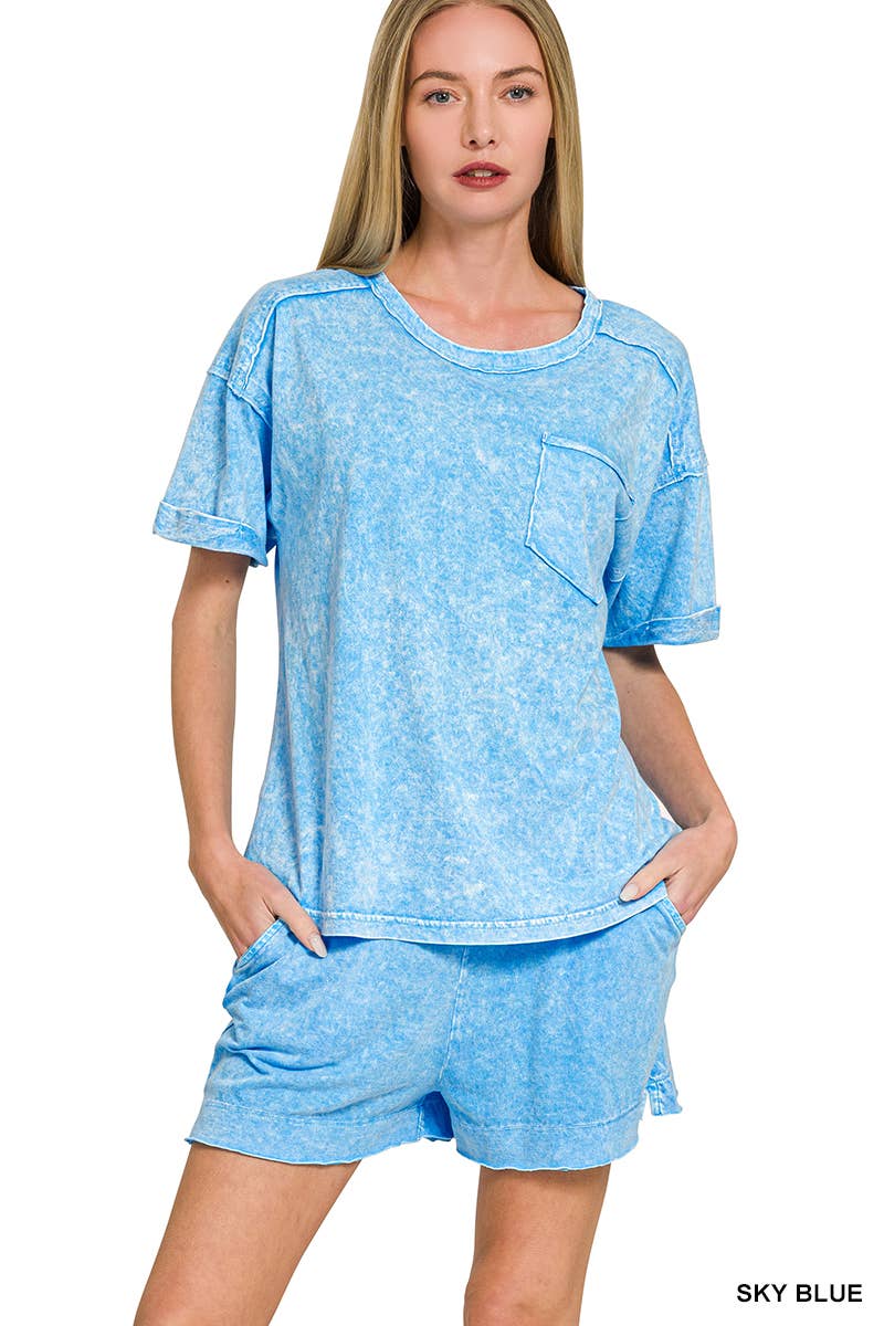Halo Snow Washed Exposed Seam Top & Shorts Set - Zenana