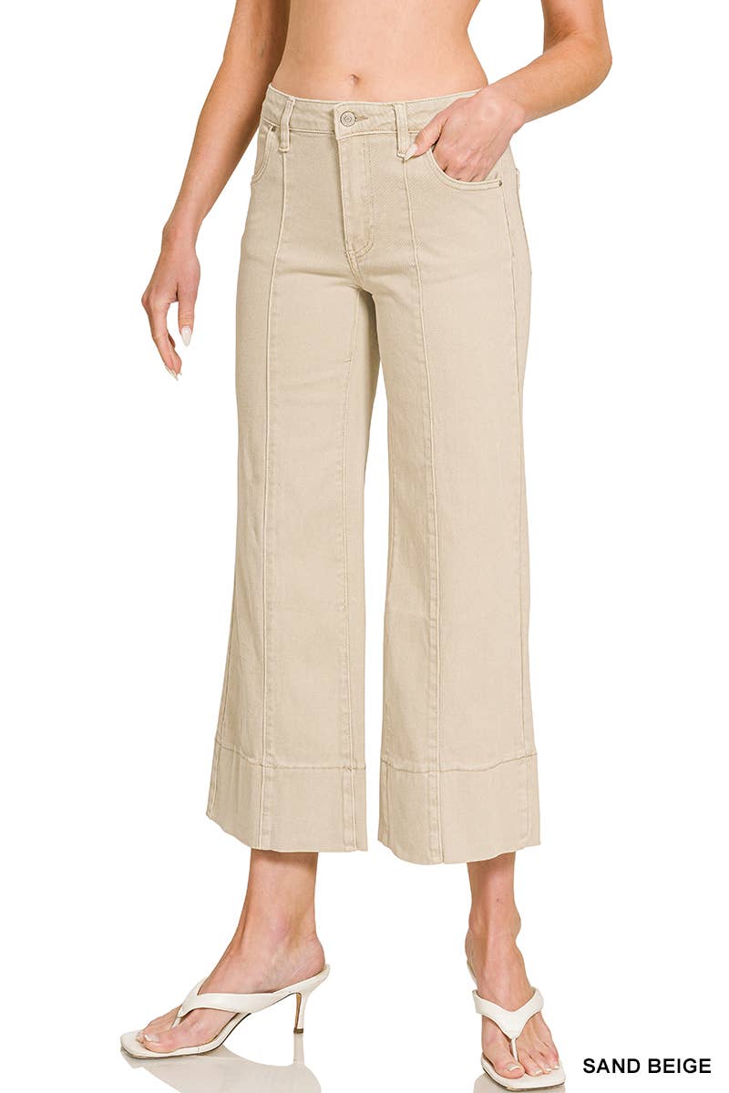 Mid Rise Wide Leg Cropped Color Denim Pants Zenana