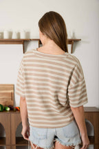STRIPE SHORT SLEEVE BOXY HENLEY KNIT TOP