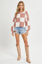 CASUAL SOFT COZY  RELAXED FIT CHECKER KNIT SWEATER