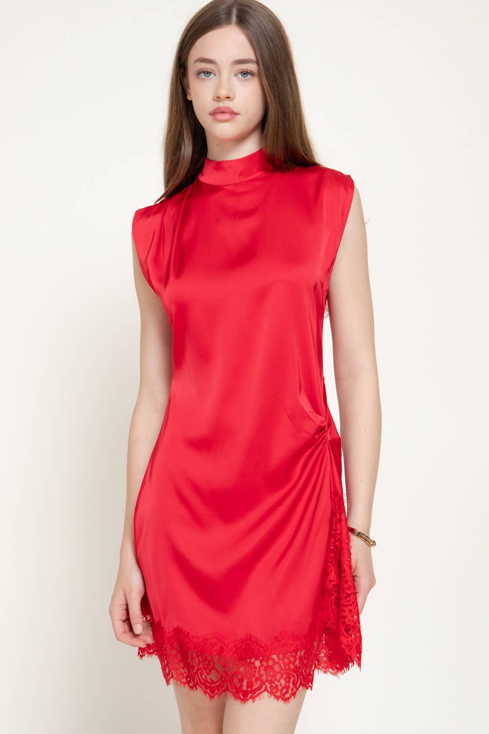 Sleeveless High Neck Satin Mini Dress with Lace Hem Detail