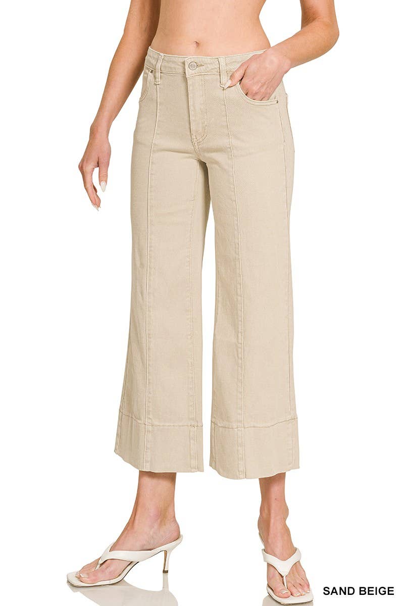 Mid Rise Wide Leg Cropped Color Denim Pants