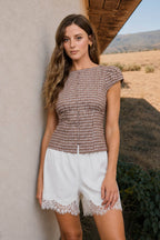 PLAID BUTTON DOWN PUFF SLEEVE CONTOURED WAIST TOP