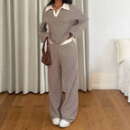 Women's Knit Stripe Loungewear Set Long Sleeve Top Pants