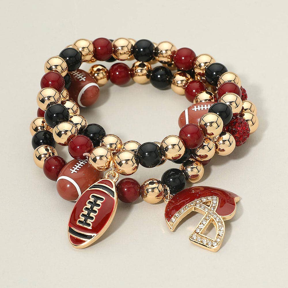 3PCS - Game Day Football Helmet Charm Beaded Stretch Multi Layered Bracelets