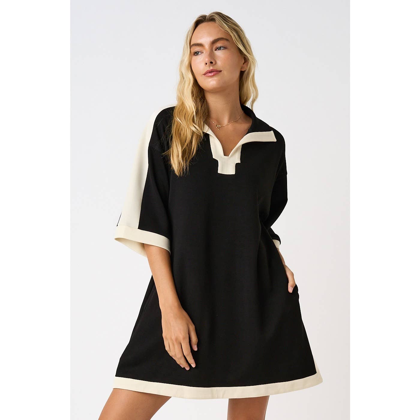 CLOUD KNIT CONTRAST STRIPE POLO MINI SHIRT DRESS