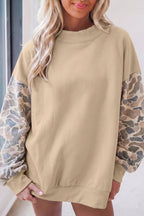 Coffee Camouflage Sleeve Crewneck Baggy Pullover Sweatshirt