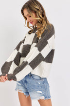 CASUAL SOFT COZY  RELAXED FIT CHECKER KNIT SWEATER