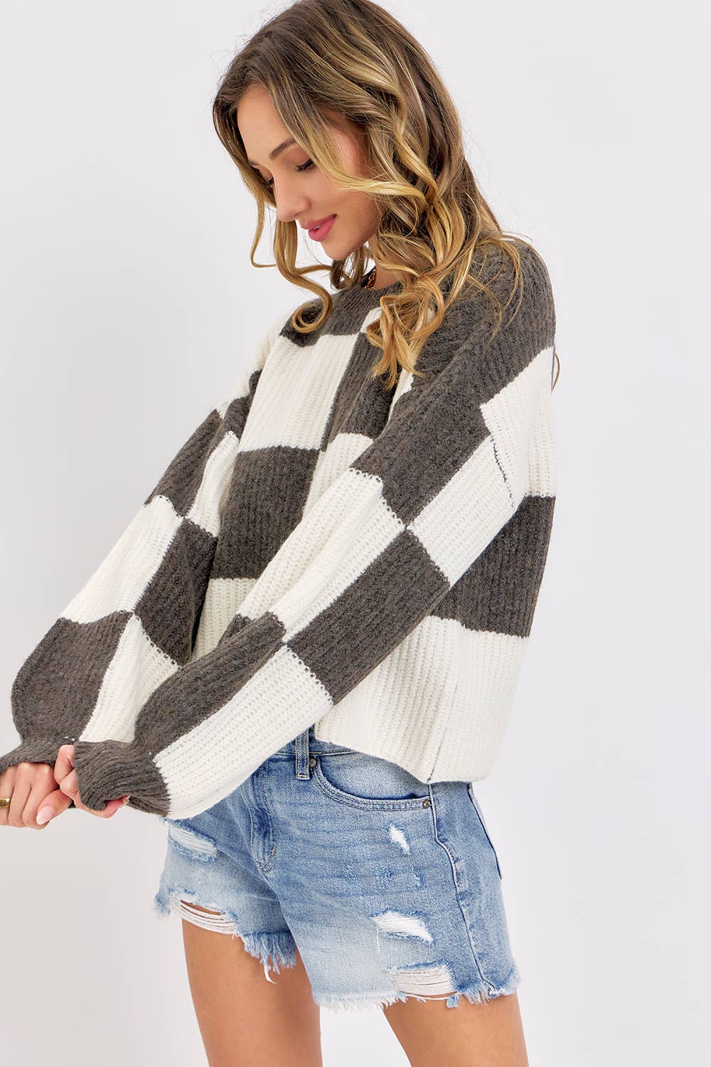 CASUAL SOFT COZY  RELAXED FIT CHECKER KNIT SWEATER