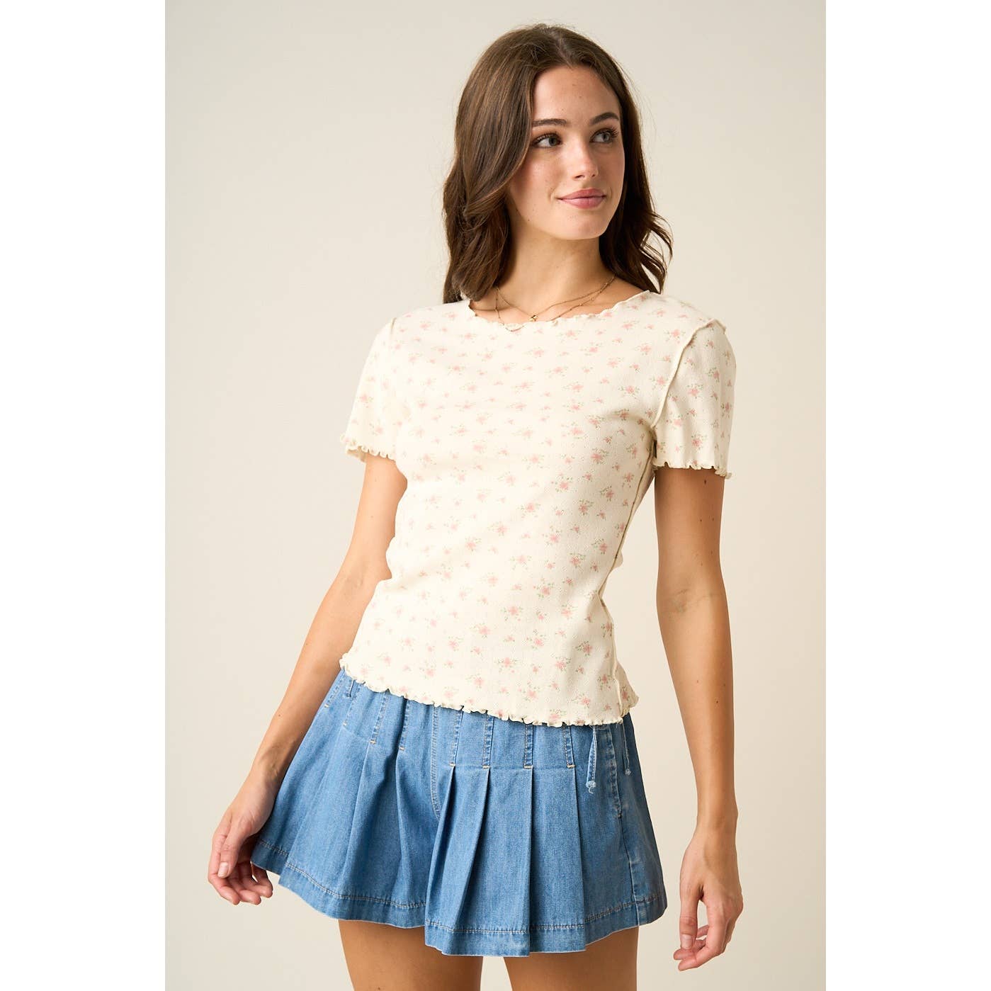 DITSY FLORAL PRINT LETTUCE EDGE SHORT SLEEVE TOP