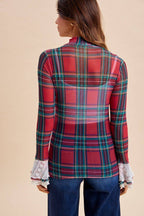 Christmas Check Ruffle Sleeve Stretch Mesh Top
