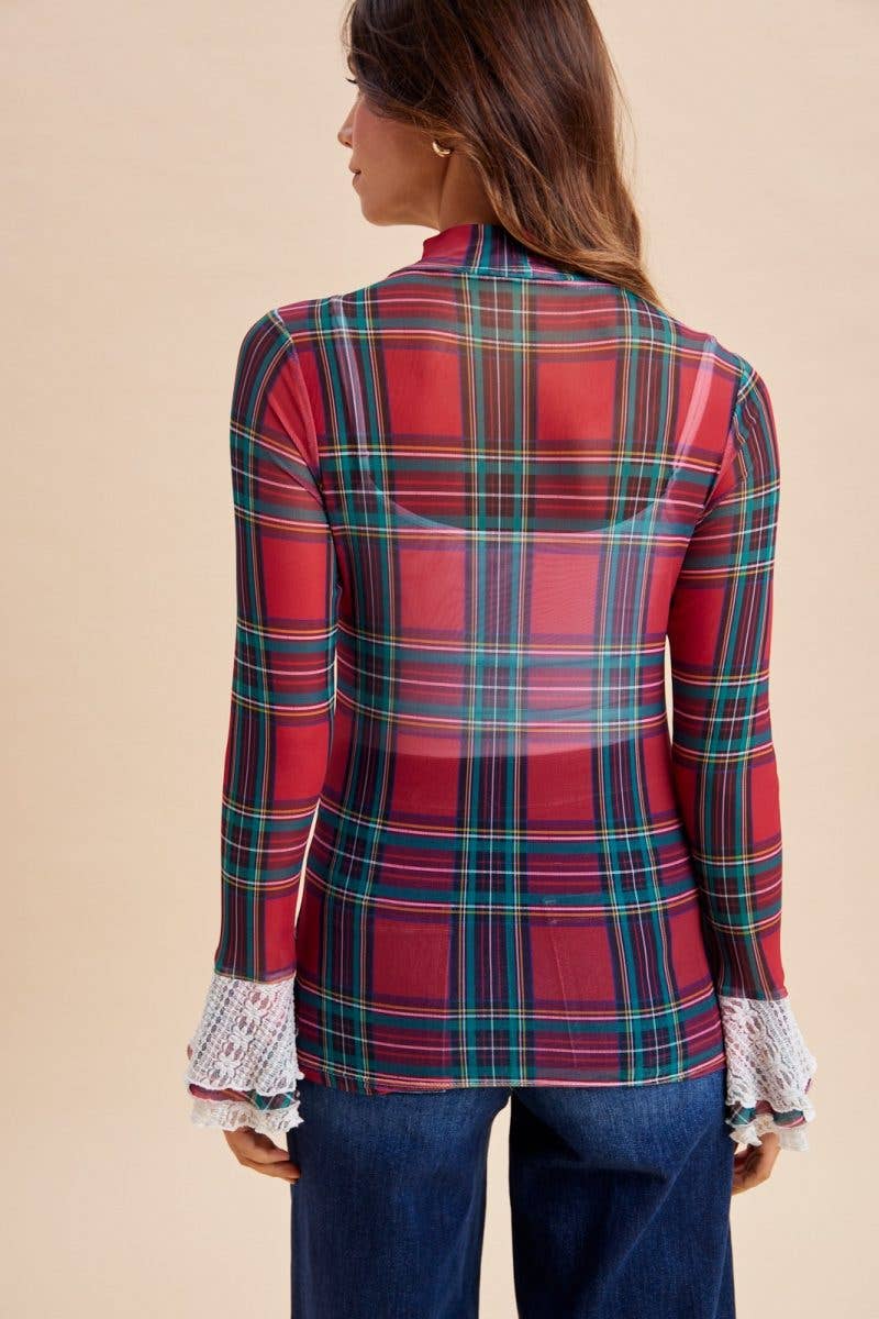 Christmas Check Ruffle Sleeve Stretch Mesh Top