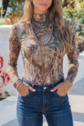 Western Print Slim Fit Mesh Long Sleeve Mock Neck Top