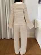 Women's Knit Stripe Loungewear Set Long Sleeve Top Pants